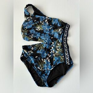 Michael Kors Monogram One Shoulder Side Cut Out One Piece Swimsuit Sz 8 Beach